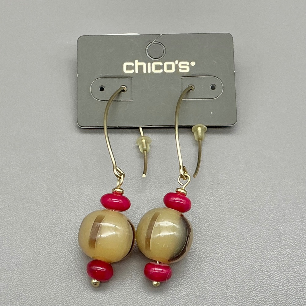 Chico's Drop Earrings Women Tan Red Beaded Gold Tone Kidney Wire Dangle Fashion